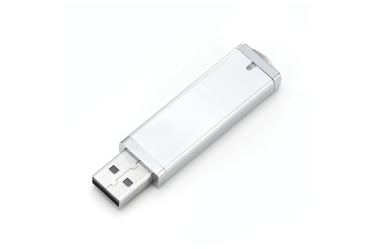 Unprinted USB 2.0 flash drive angled view, showing retractable connector
