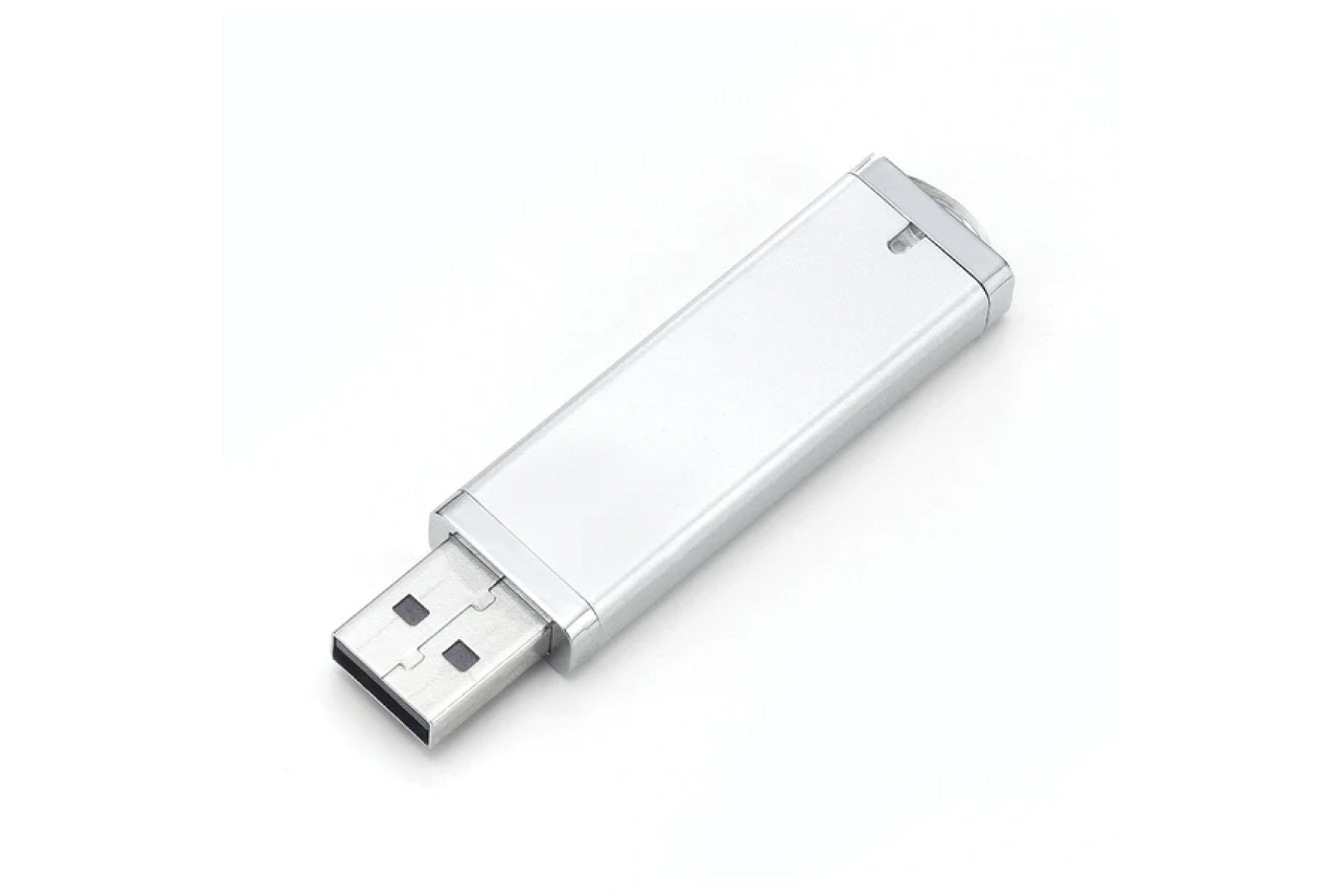 Unprinted USB 2.0 flash drive angled view, showing retractable connector