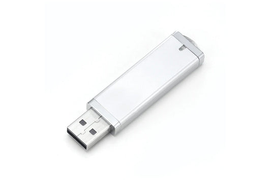 Unprinted USB 2.0 flash drive angled view, showing retractable connector