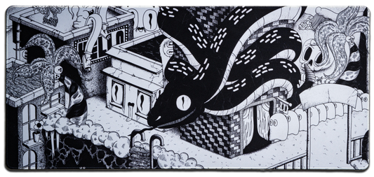 Black and white desk mat with swirling tentacle and haunted house illustration