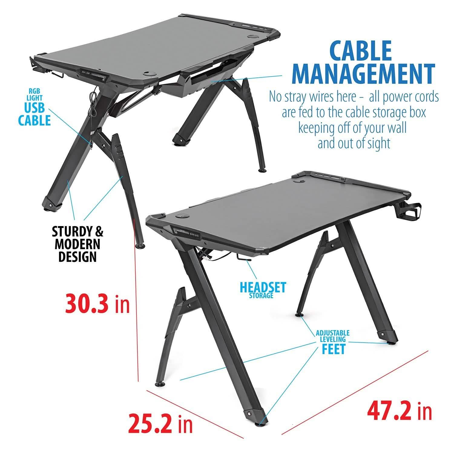 Foldable LED gaming desk with adjustable leveling feet and cable storage box