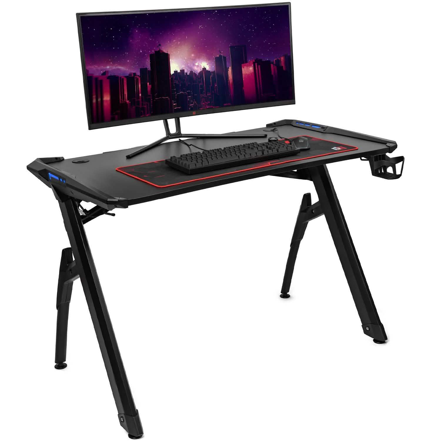 Deco Gear 47 LED gaming desk with monitor, keyboard tray, and red trim