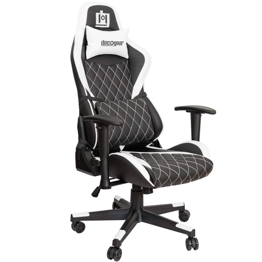 Ergonomic gaming chair, black and white with diamond-stitch back and padded armrests