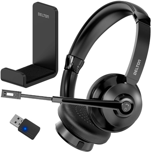 Black Delton Bluetooth headset with noise-canceling mic, charging stand, USB dongle.