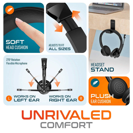 Black Delton over-ear headset with adjustable boom mic, cushioned ear pads.