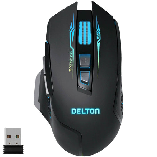 Black ergonomic wireless gaming mouse with glowing blue side accents and buttons