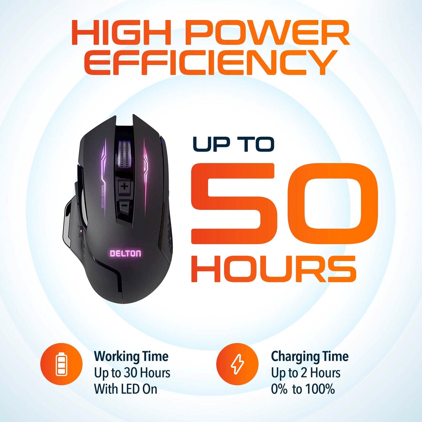 Rechargeable gaming mouse with blue and purple LED glow and side control buttons
