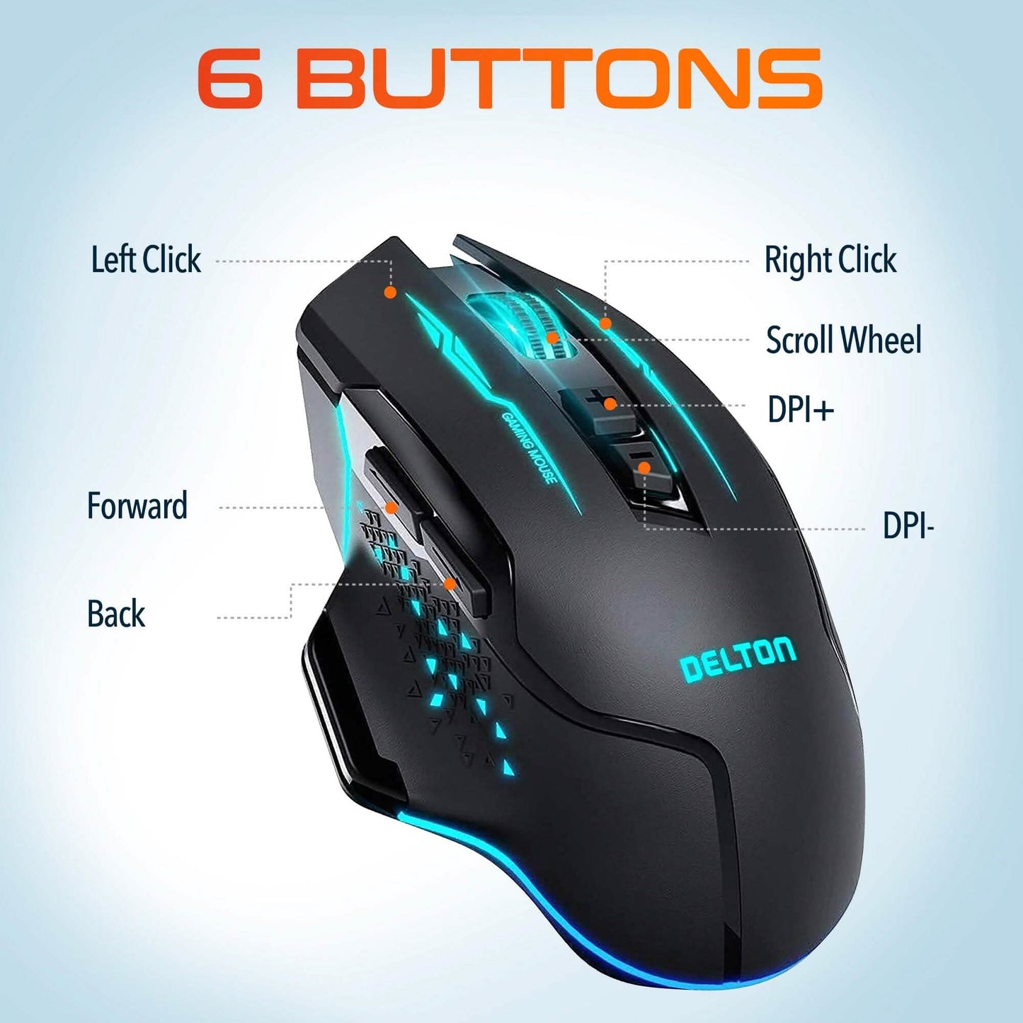 Black gaming mouse with blue LED strip, scroll wheel, and multiple side buttons
