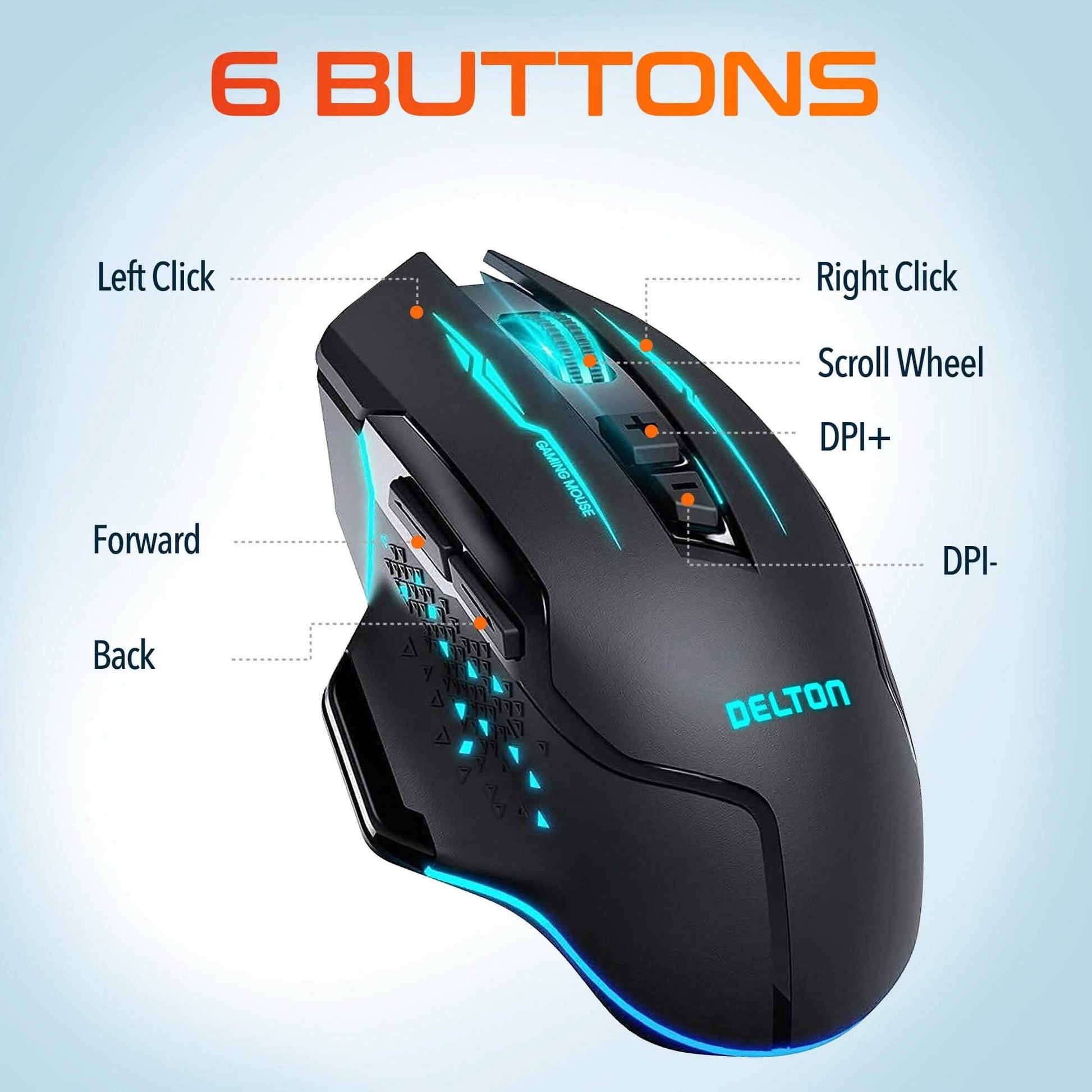 Black gaming mouse with blue LED strip, scroll wheel, and multiple side buttons