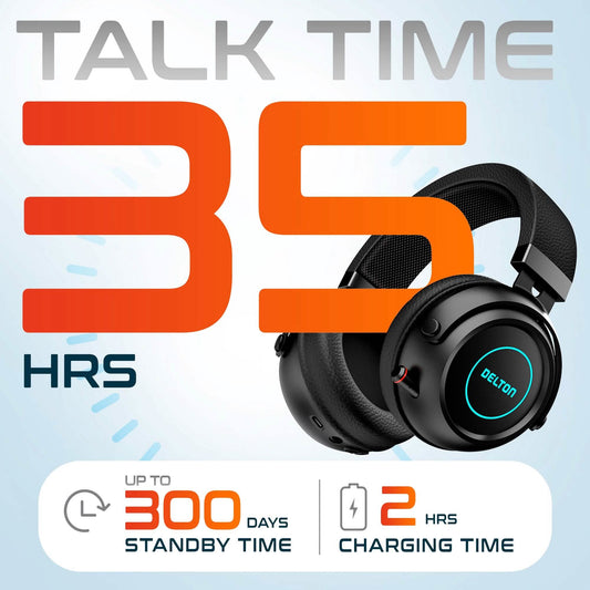 Black over-ear wireless headset with blue-lit DELTON logo ring on earcup