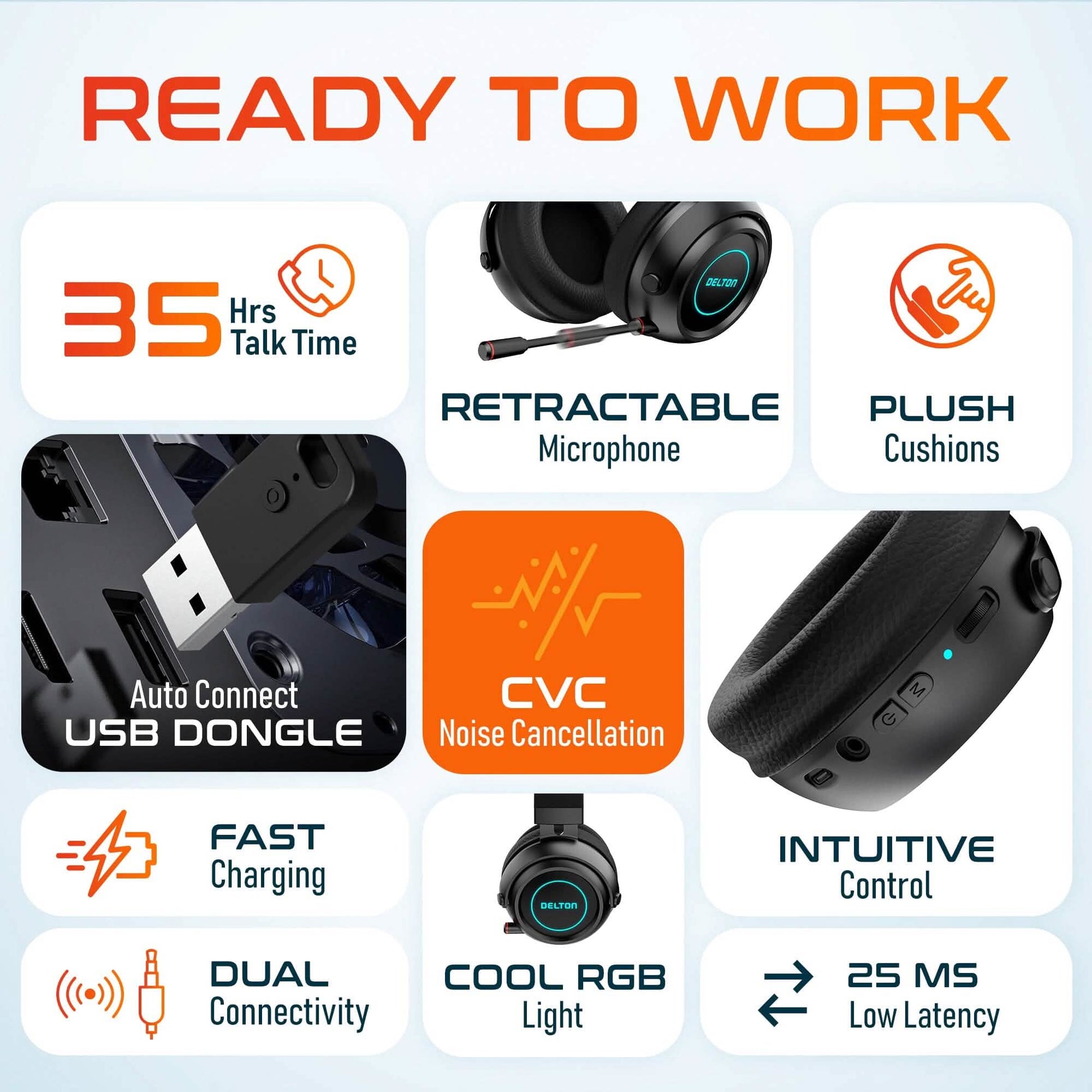 Black over-ear headset with retractable boom microphone and blue-lit earcup ring