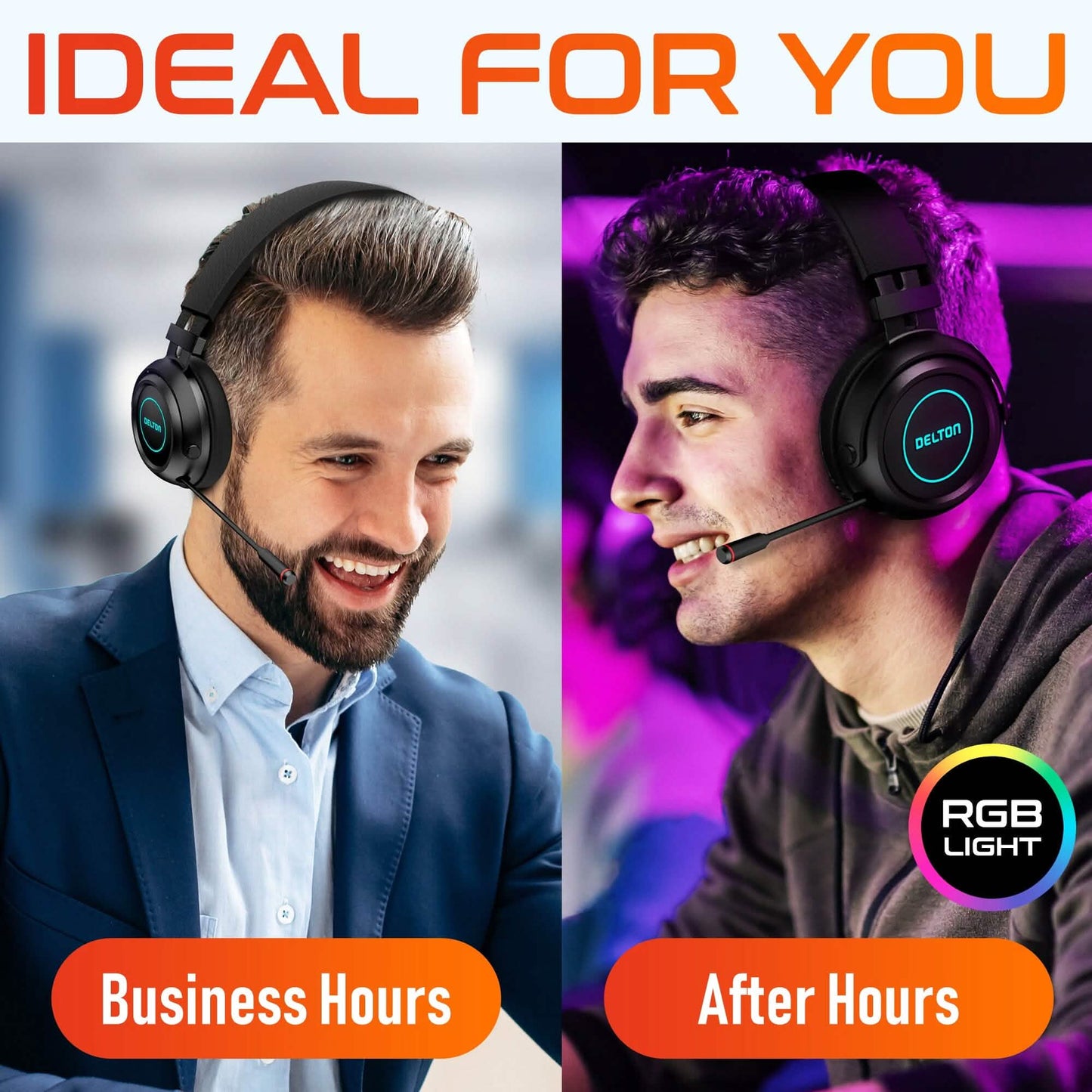 Over-ear headset with boom microphone, blue-lit ring and padded headband