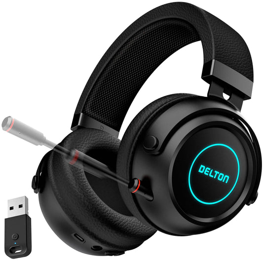 Black over-ear wireless gaming headset with blue-lit ring logo and boom microphone