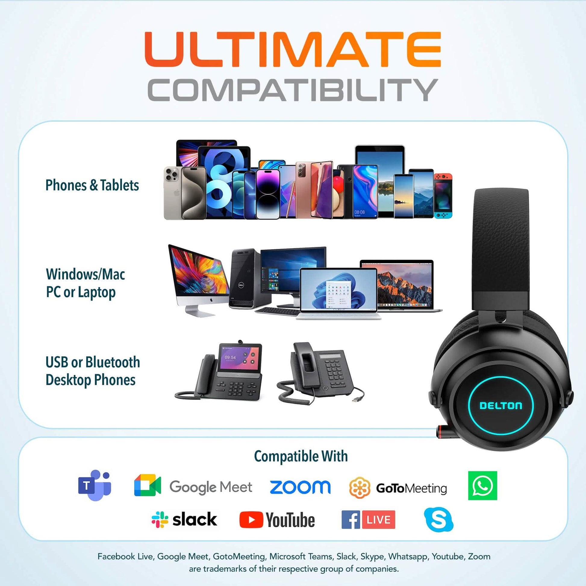 Black over-ear wireless headset with blue-lit DELTON ring on earcup