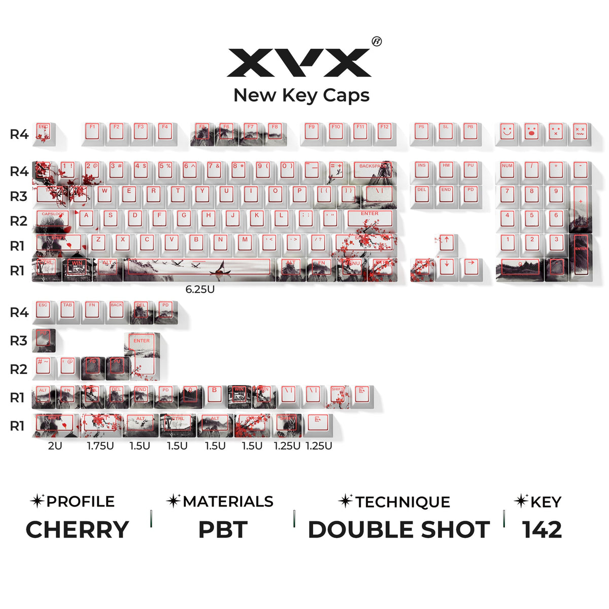 Cherry-profile keycap set layout with white caps and dark keys, red accent legends