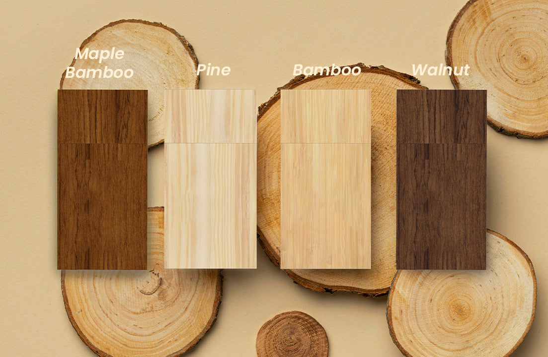 Assorted wooden USB flash drives in walnut, bamboo, maple, and pine finishes