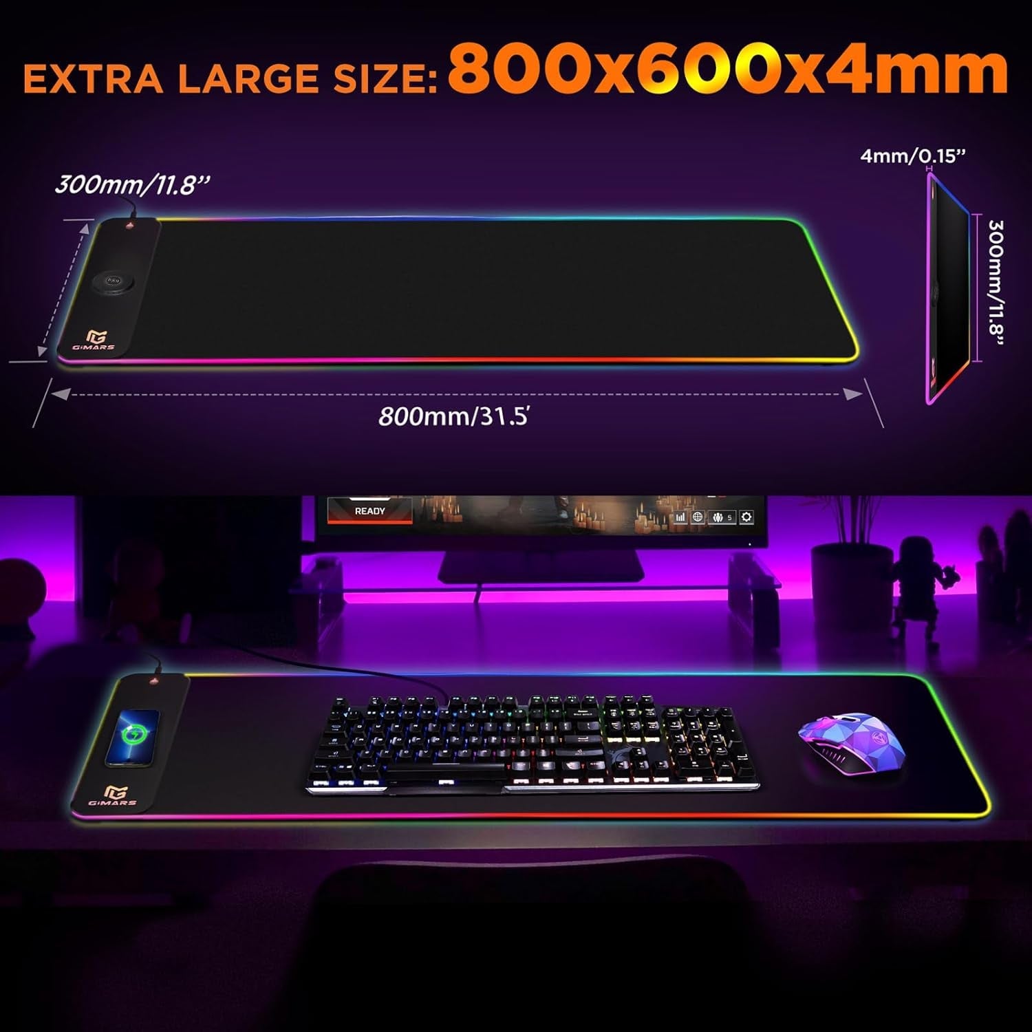 Large black RGB gaming mouse pad, 800x600x4mm, with glowing rainbow light border