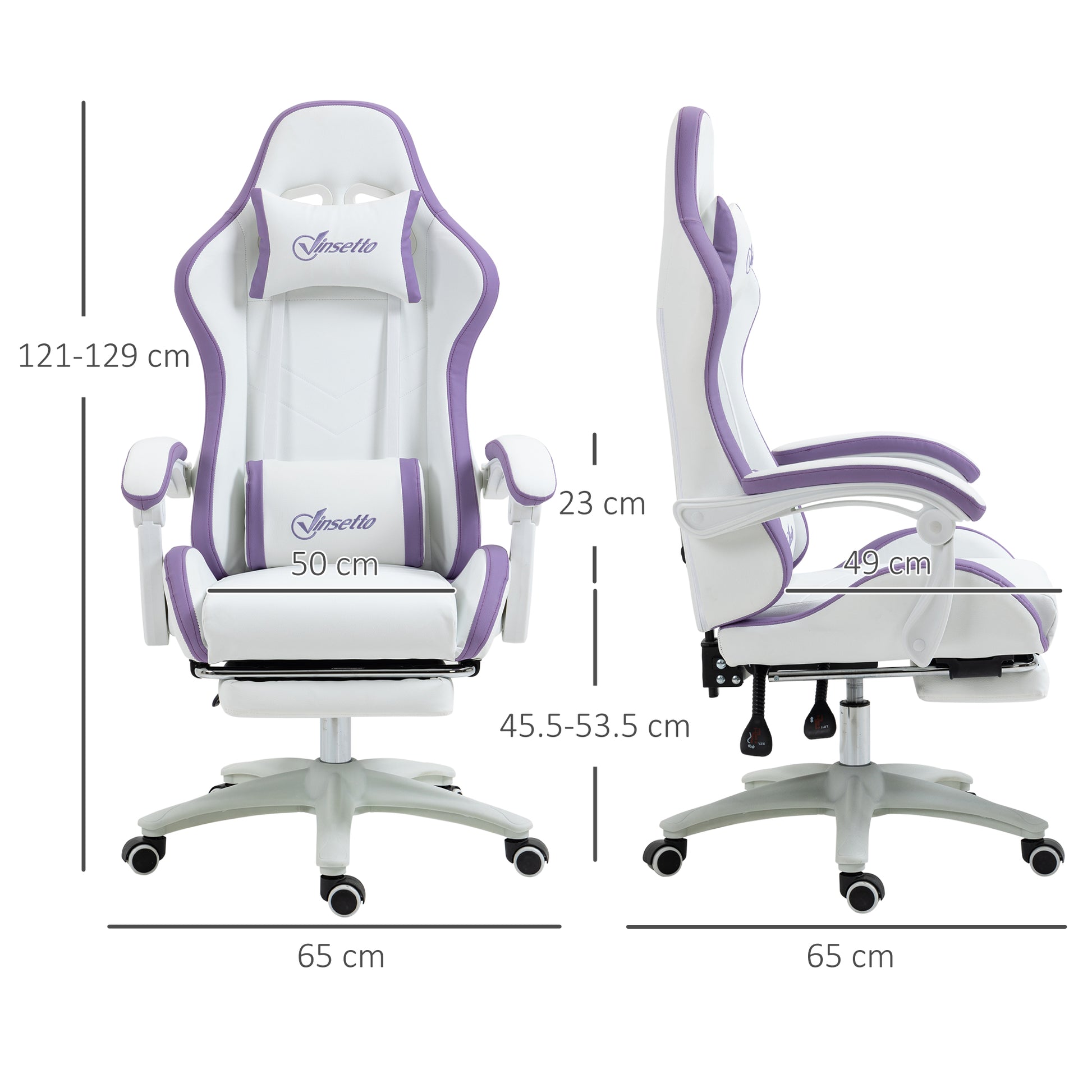 Vinsetto gaming chair with purple trim, white seat, and height width measurements shown