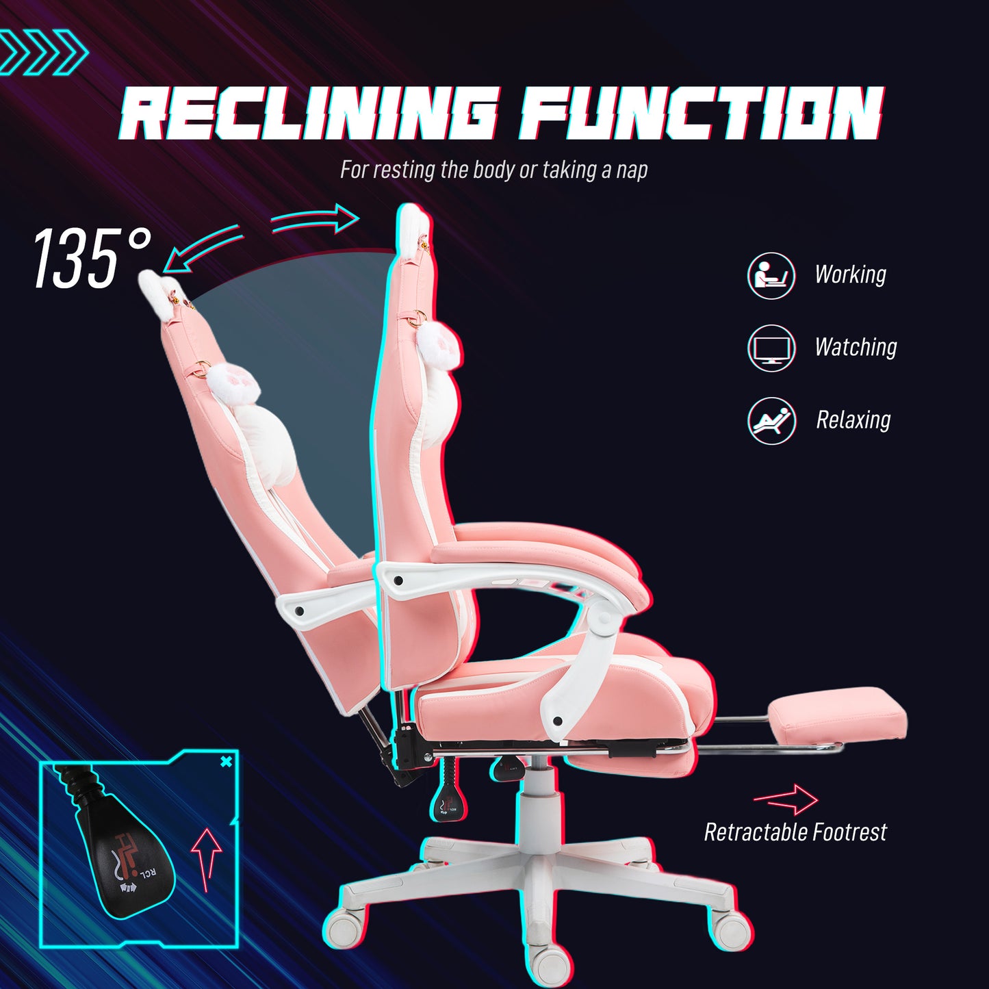 Pink racer chair with retractable footrest, recline function, cat-ear headrest, swivel base.