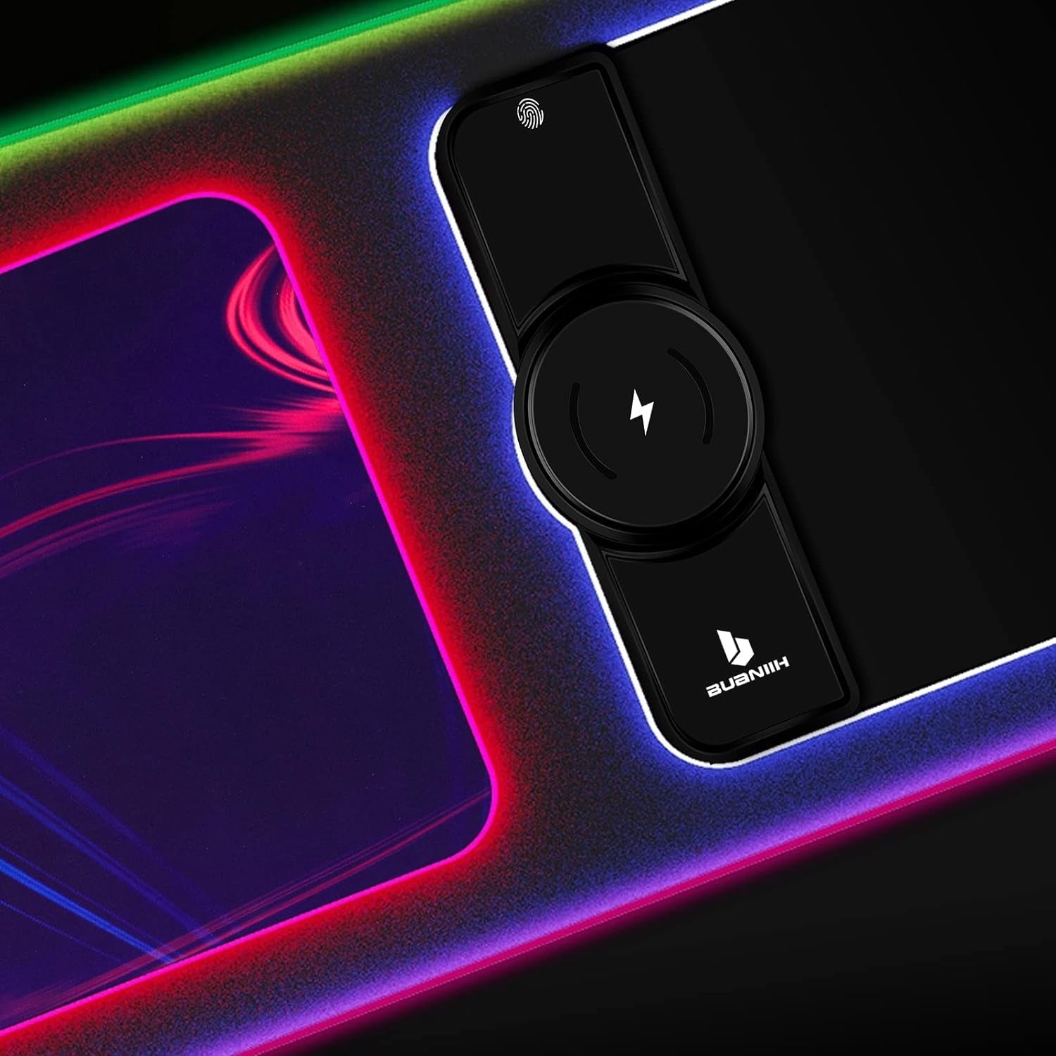 Black mouse pad corner with circular wireless charging control and RGB border