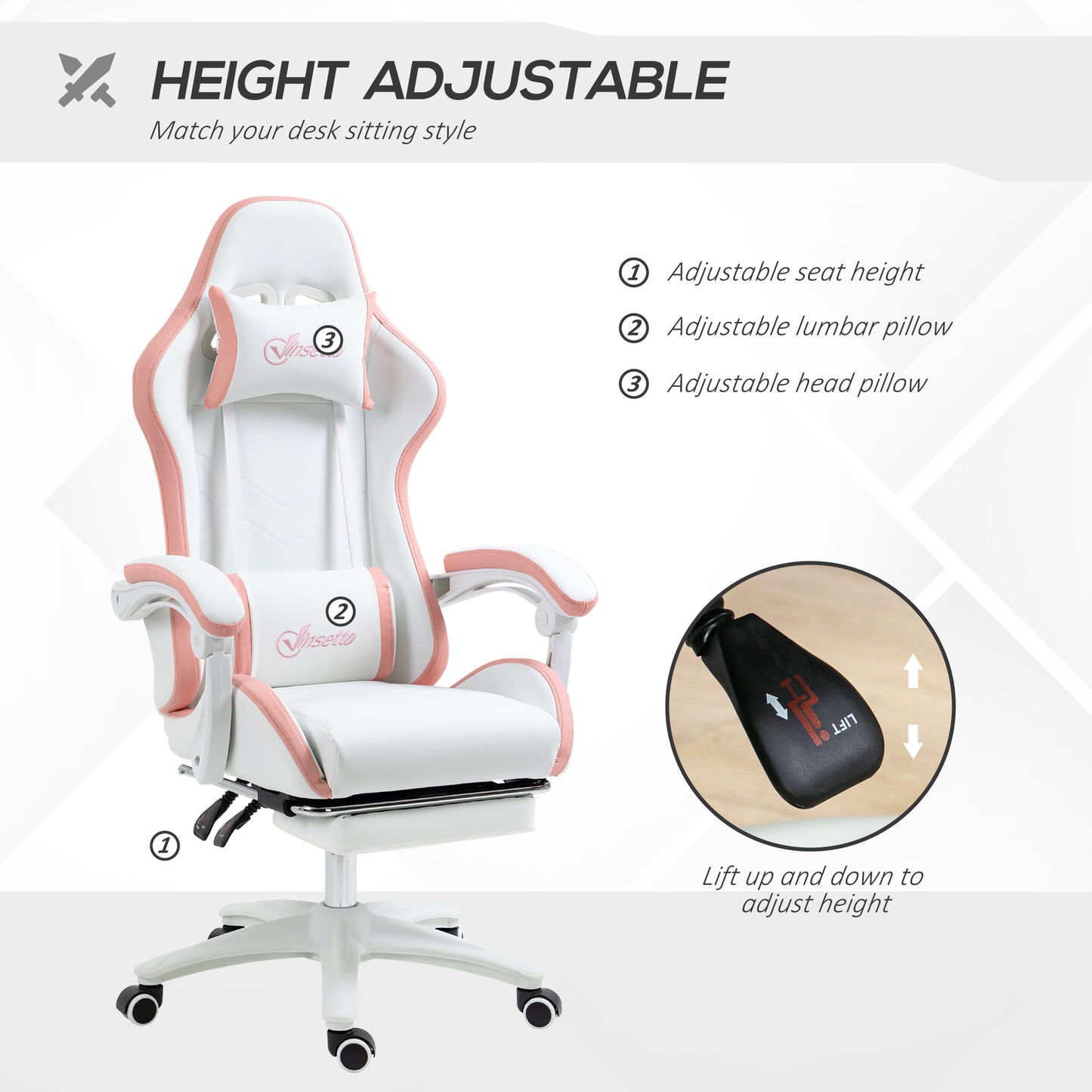 Height-adjustable gaming chair with adjustable seat, lumbar pillow, white and pink