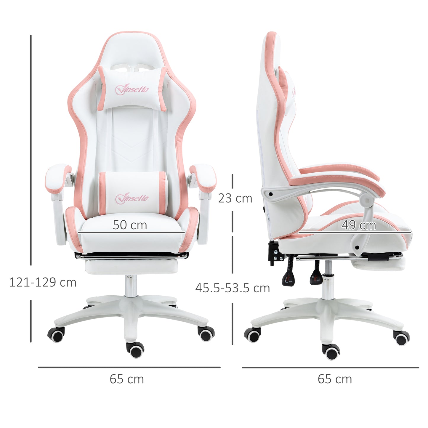 Gaming chair dimensions view: white seat with pink headrest and side cushions