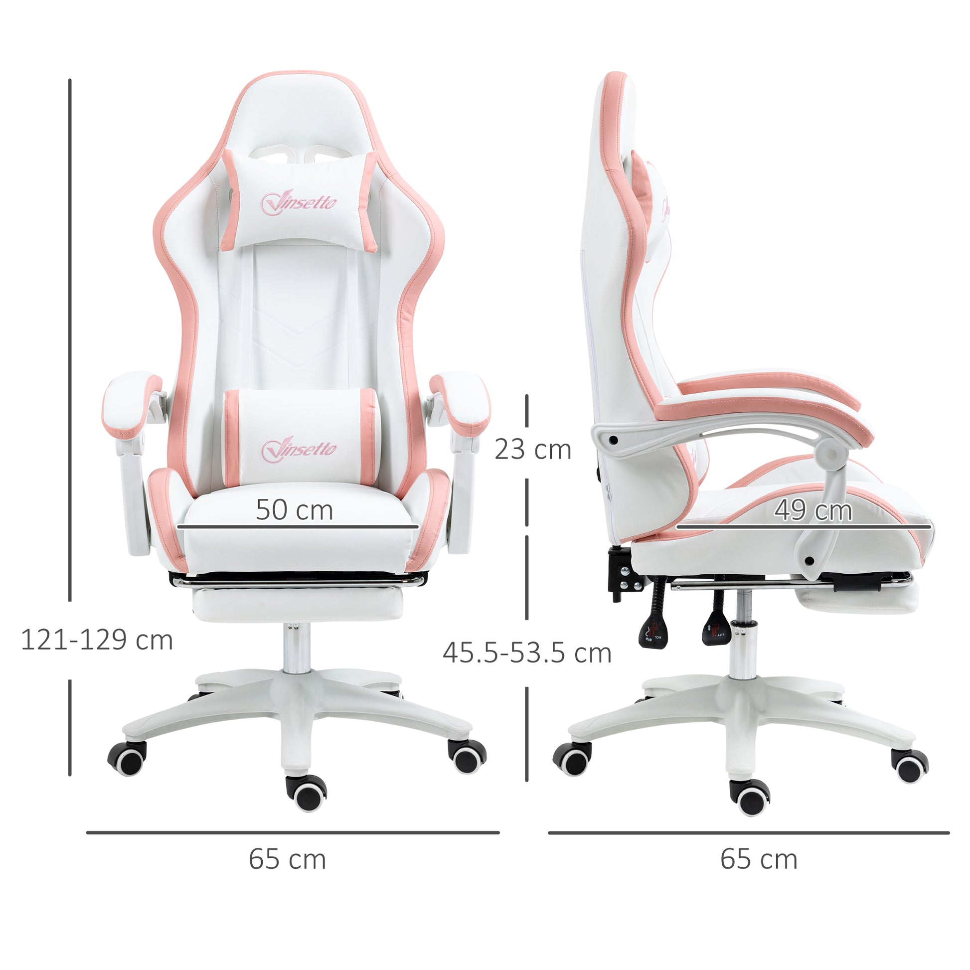 Gaming chair dimensions view: white seat with pink headrest and side cushions