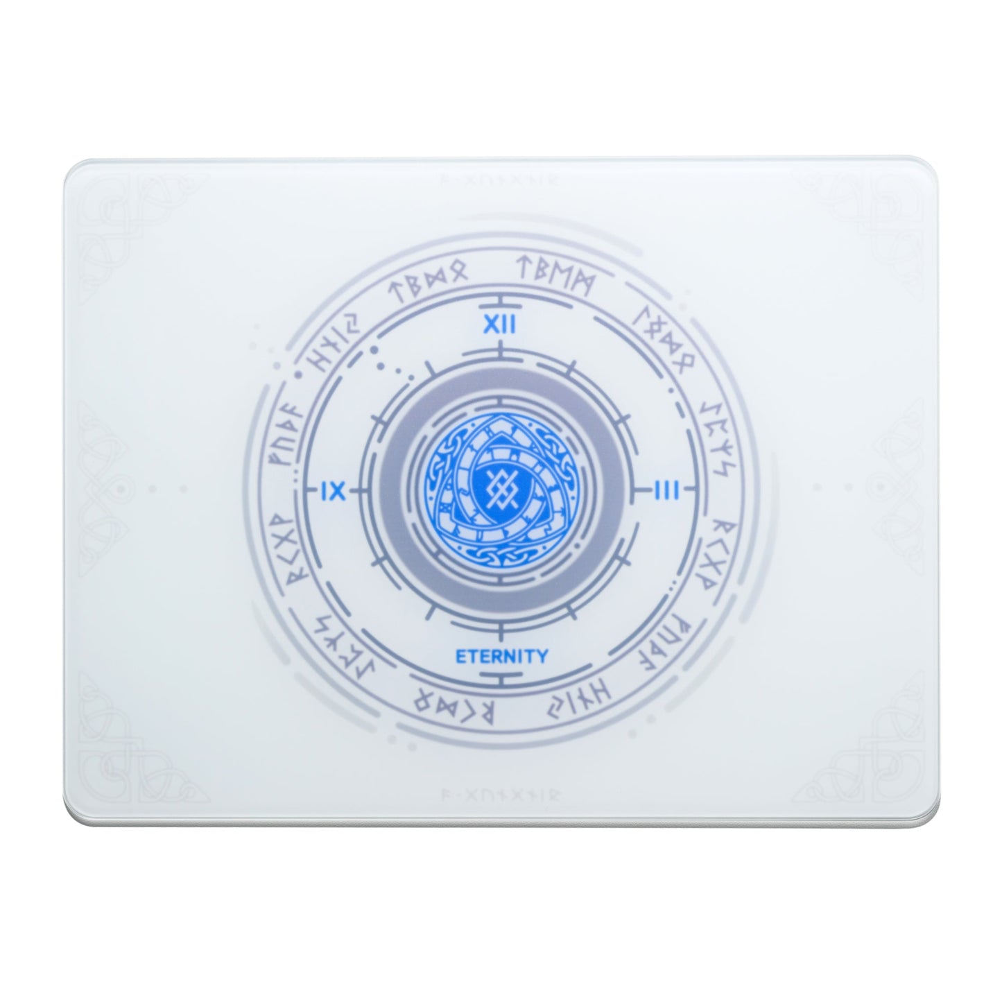 Tempered glass mouse pad with pale blue circular “Eternity” style emblem
