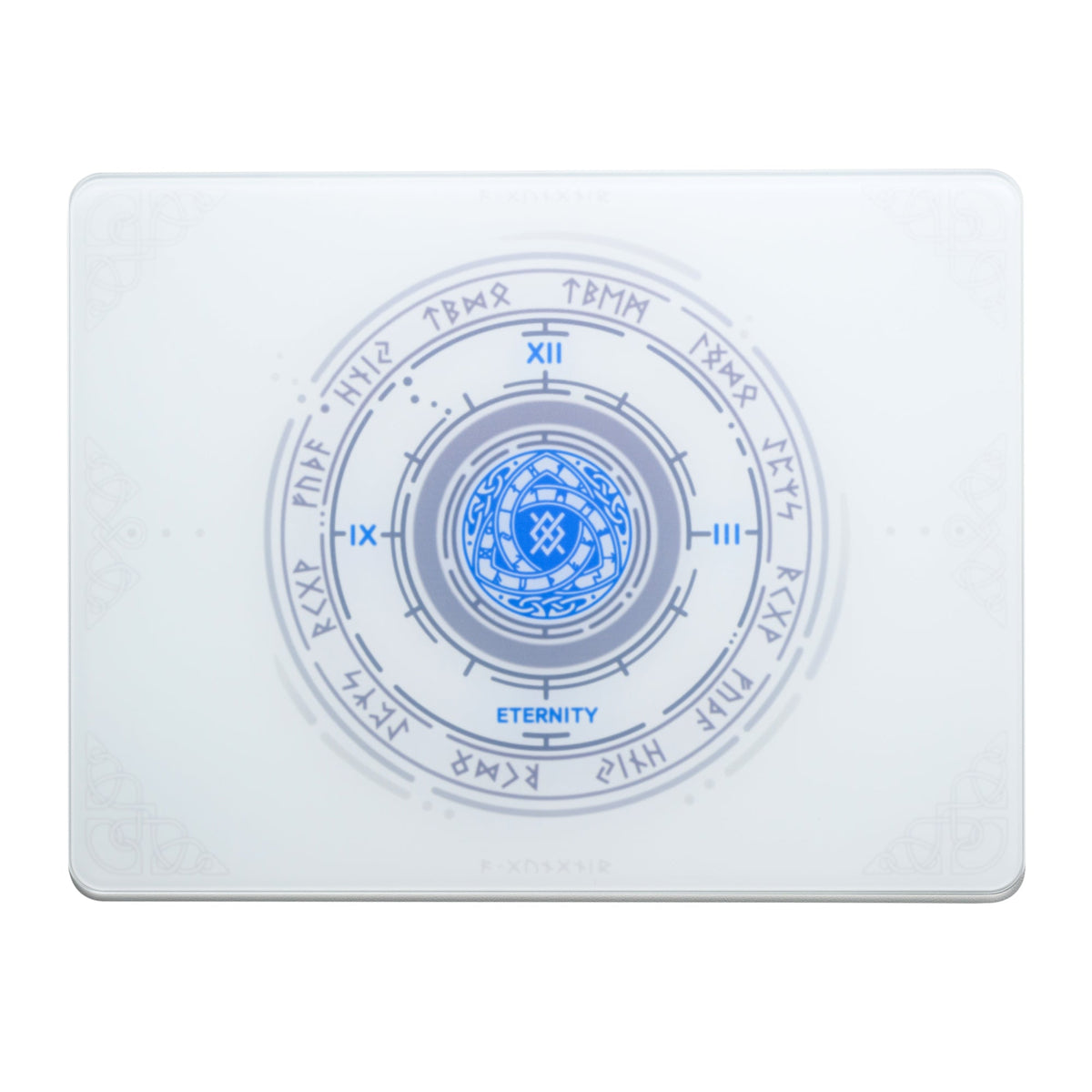 Glass mouse pad with blue circular emblem pattern on a white background