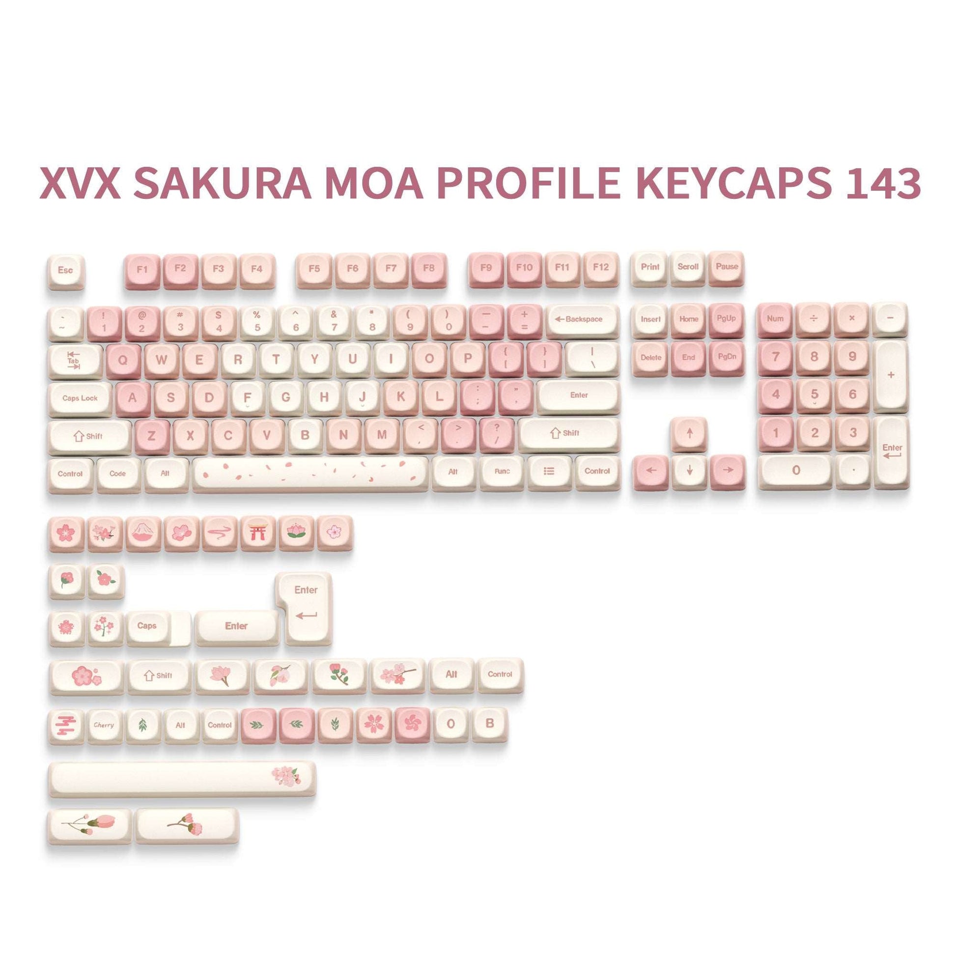 Sakura-themed MOA profile PBT keycap set, 143 keys in pink and cream