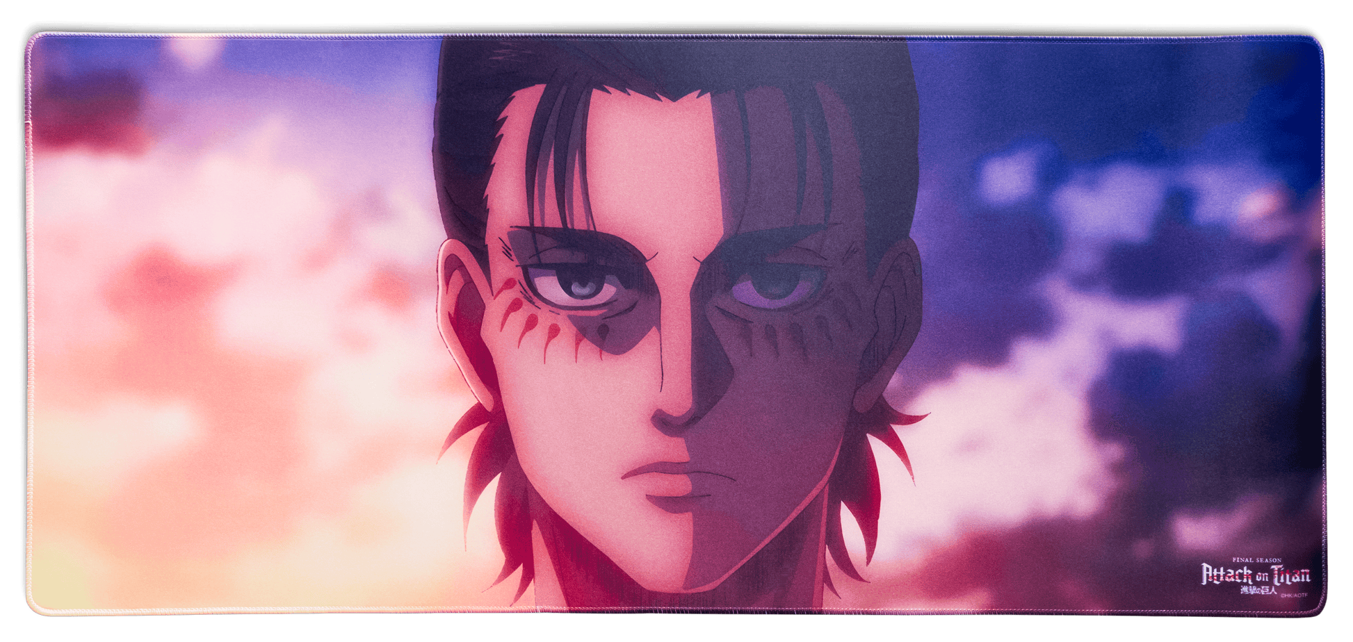 Desk mat featuring a close-up of a red-eyed anime character with a scarred face