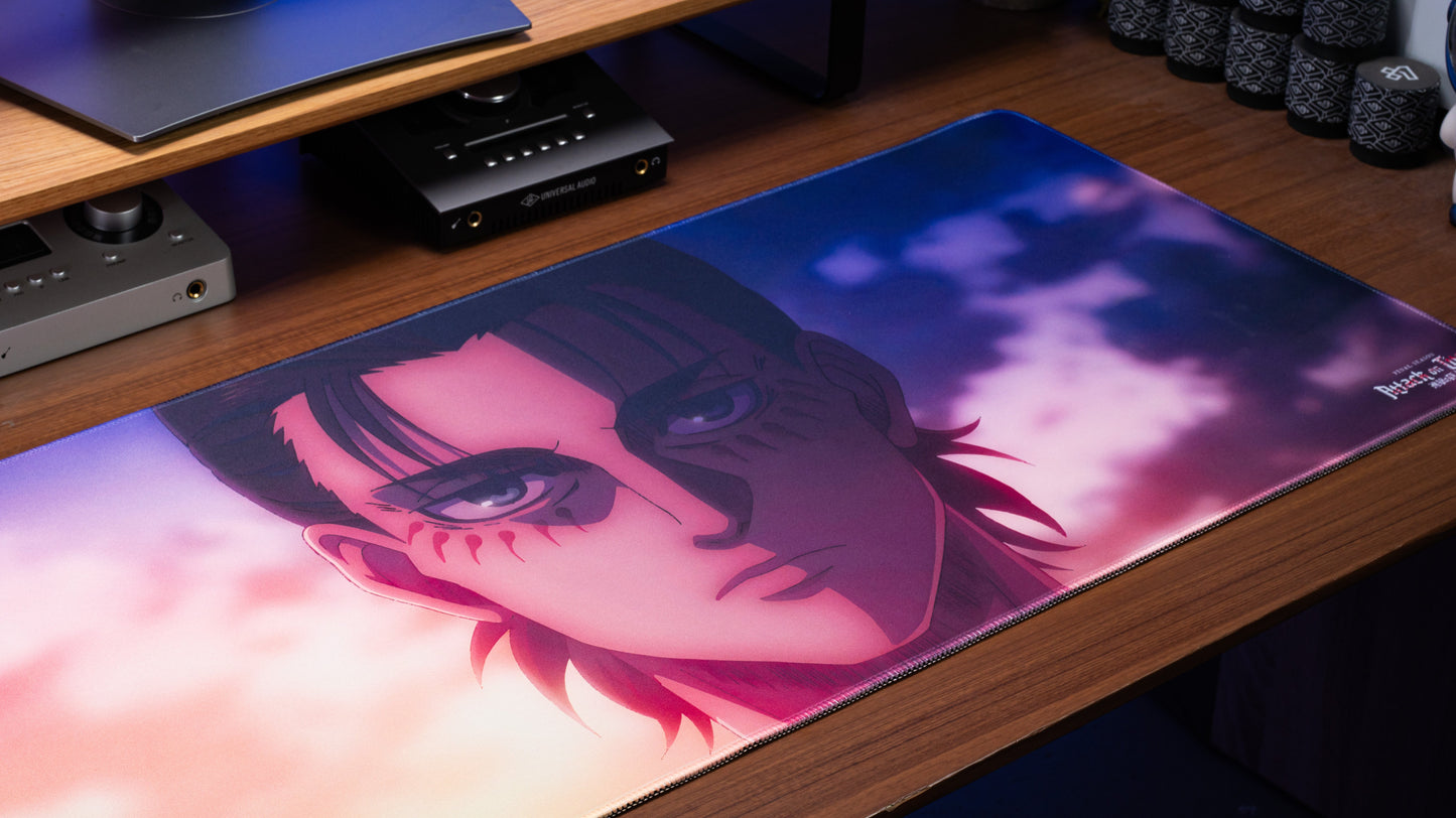 Anime desk mat close-up of character face in pink and purple lighting