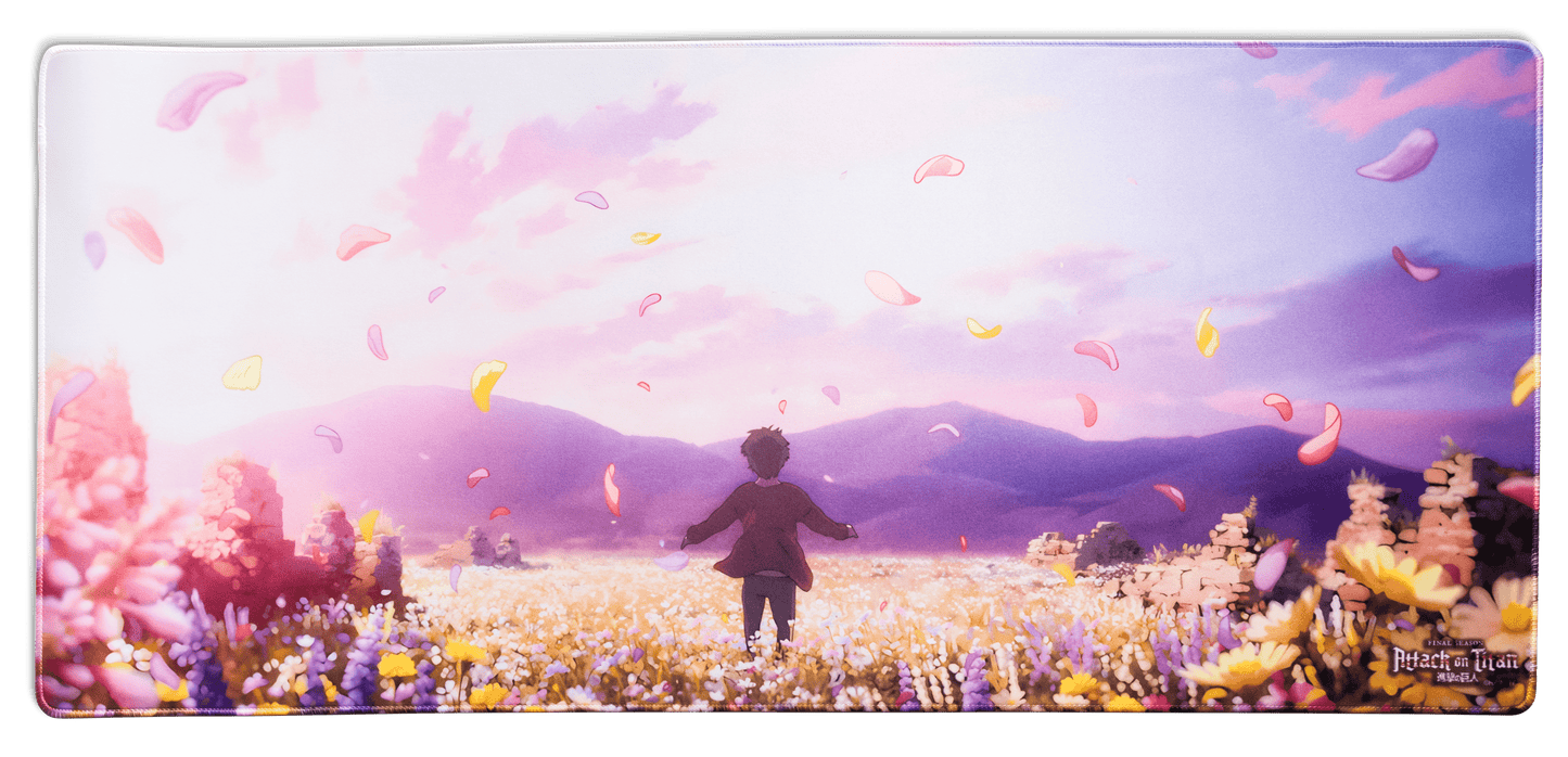 Desk mat featuring an anime figure walking through a flower field with petals falling