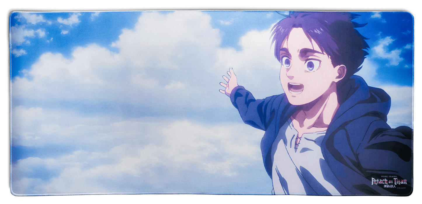 Desk mat featuring an anime boy reaching forward while running in blue skies