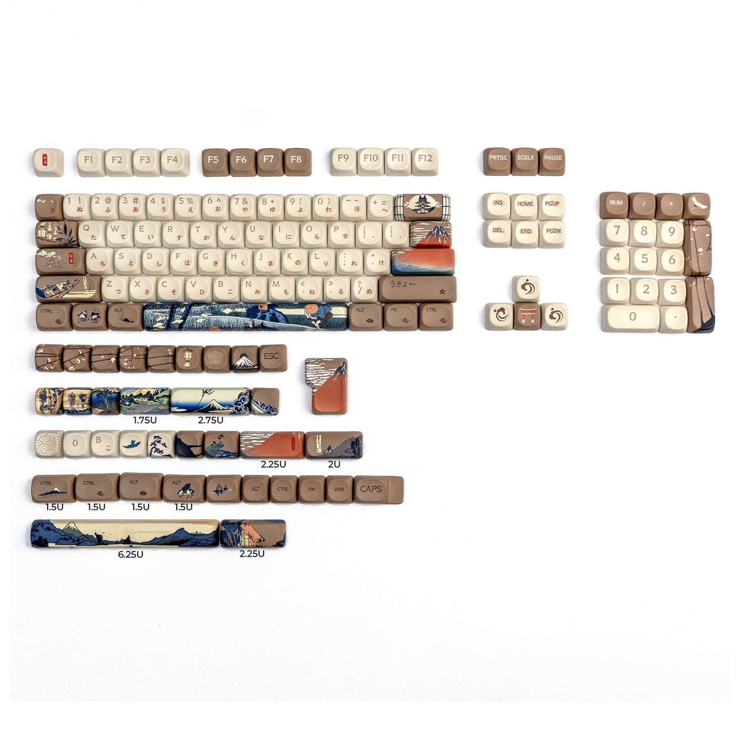 Glaze textured keycap set with cream, brown, blue and small printed scenes