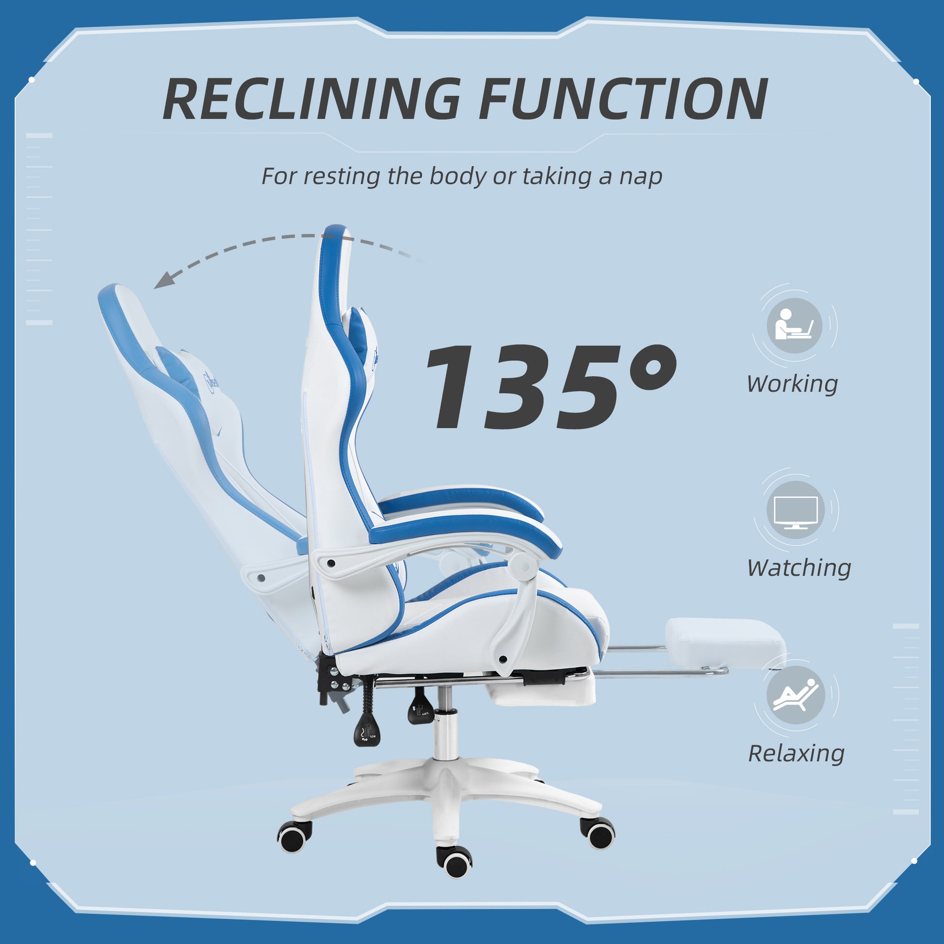 Blue and white gaming chair reclined up to 135° with footrest extended