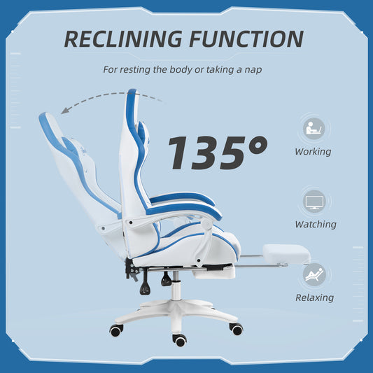 Blue and white gaming chair reclined up to 135° with footrest extended