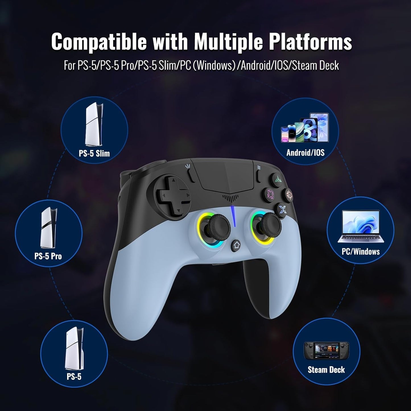 Sky blue wireless game controller with dual RGB thumbstick rings and colored buttons