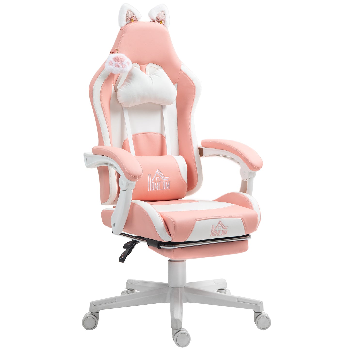 Pink racer chair front view with cat-ear headrest, plush white pillow, padded seat, casters.