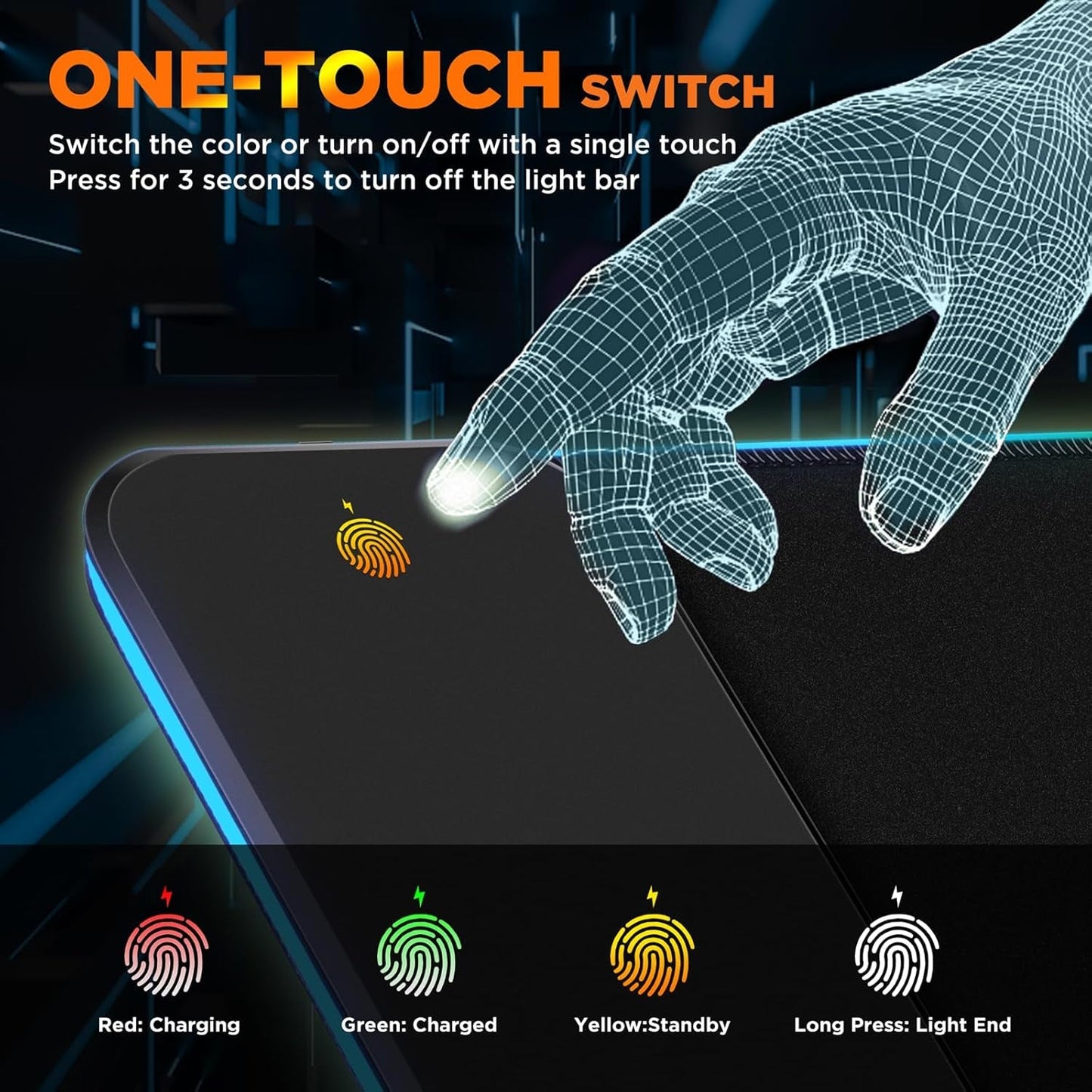 Black gaming mouse pad with one-touch switch controls and glowing RGB edge