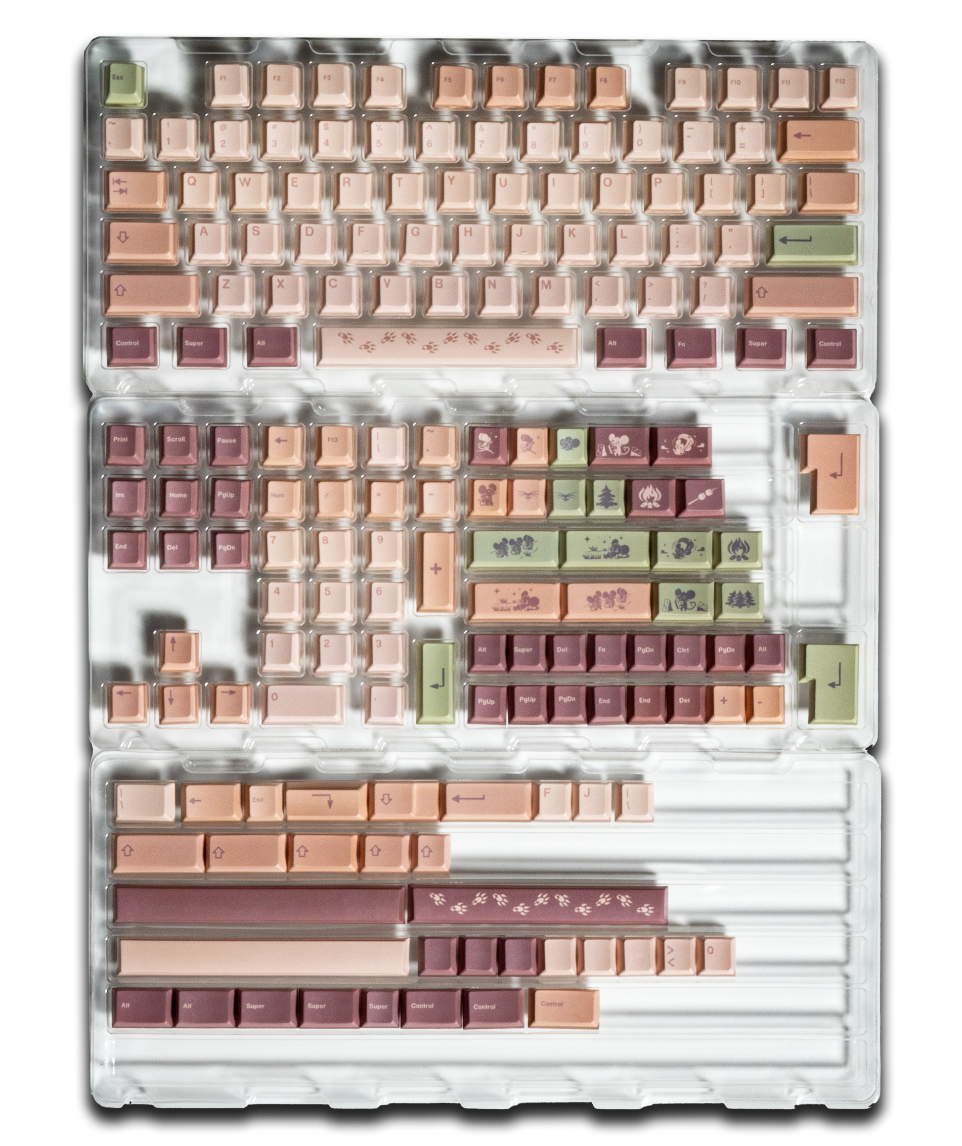 Full field mouse PBT keycap layout, pastel cream keys with pink, green, and purple accents
