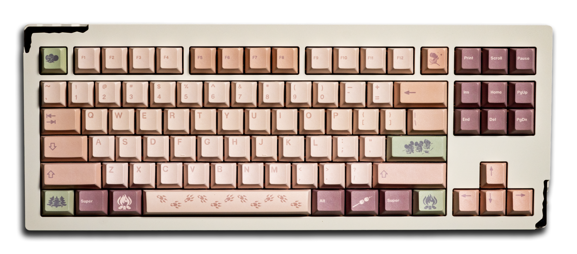Pastel field mouse PBT keycaps set for keyboard, with pink, green, and lavender keys