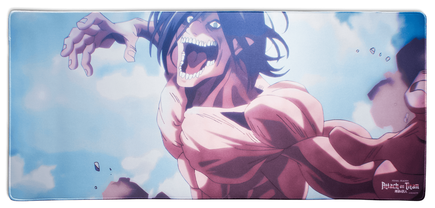 Desk mat featuring an anime titan fight scene with a grinning armored character