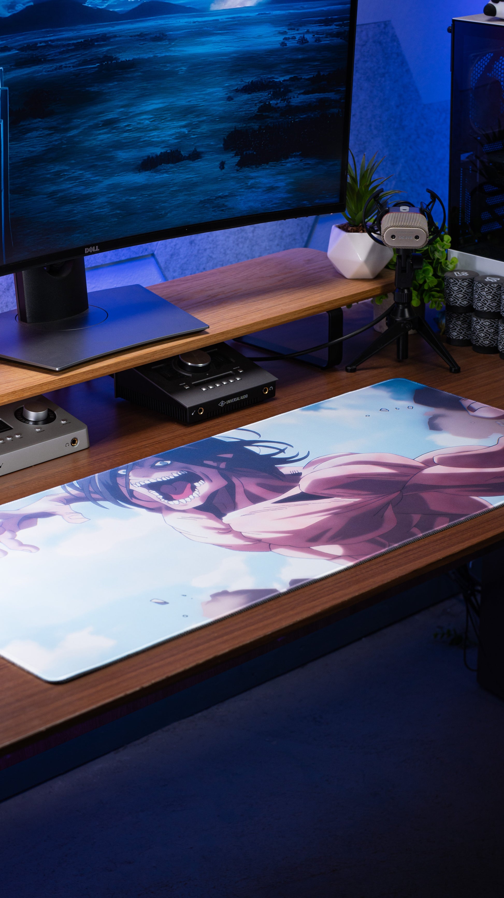 Anime desk mat with blonde female character portrait, pink and purple color wash