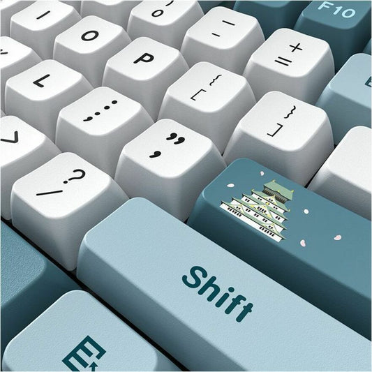 Gaming keyboard keycaps close-up in white and light blue with Shift legends