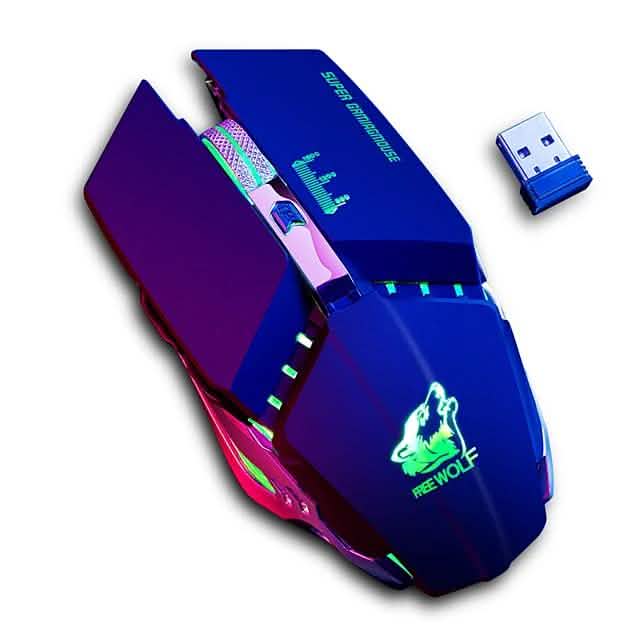Wireless gaming mouse with deep blue shell, holographic trim, and RGB indicator lights.