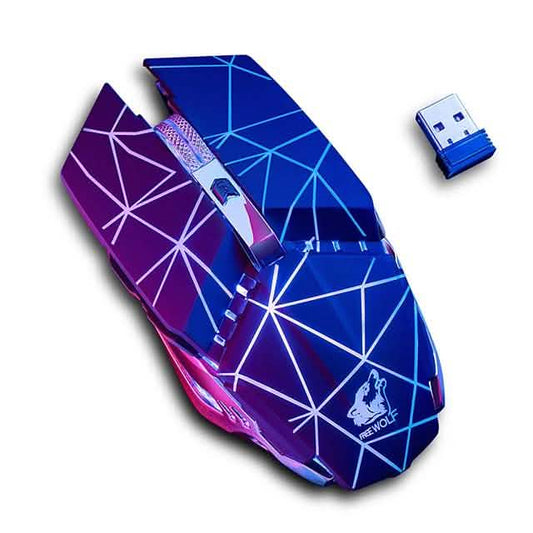 Wireless gaming mouse with purple and blue geometric design and side RGB light accents.