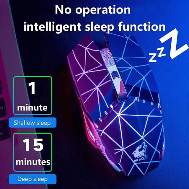 Wireless gaming mouse in blue and purple geometric pattern with RGB side and top lights.