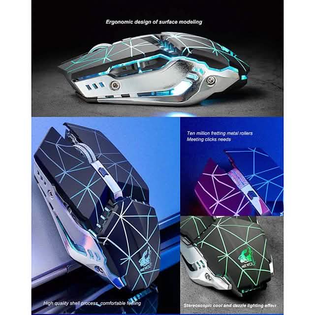 Wireless optical gaming mouse, white and dark shell with blue LED accents, side view