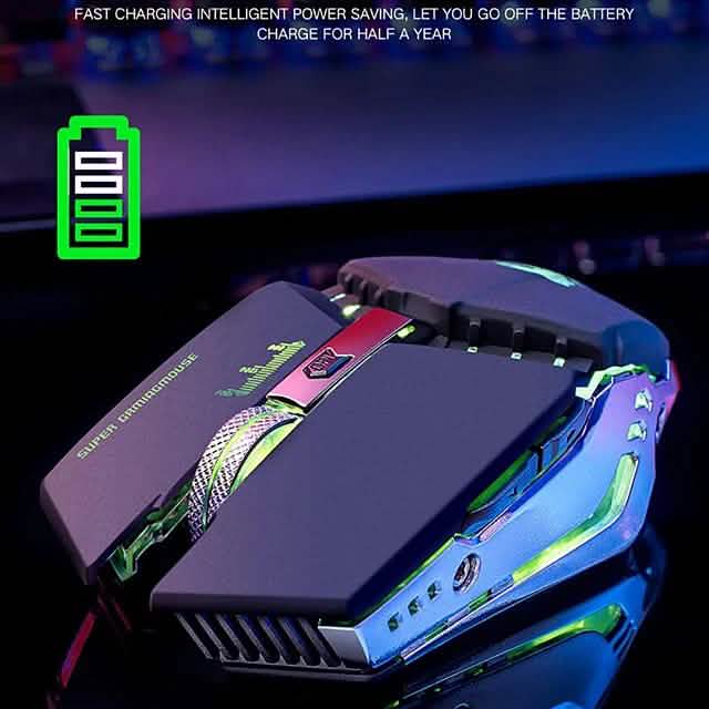Wireless optical gaming mouse with charging port area and neon RGB side lighting.